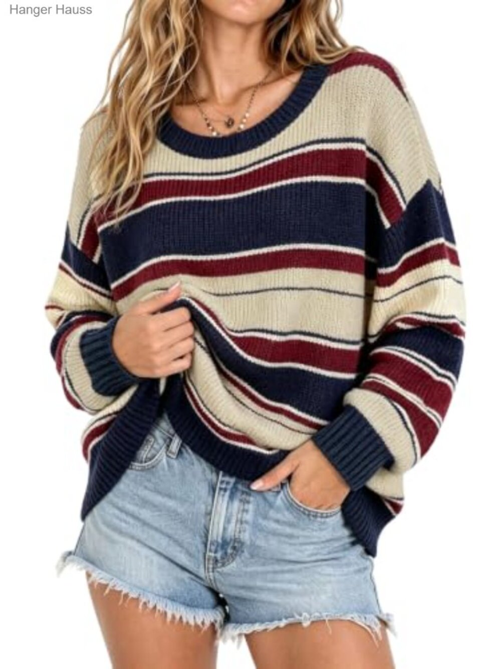 Chunky Knit Color Block Striped Pullover Sweater Crew Neck Oversized